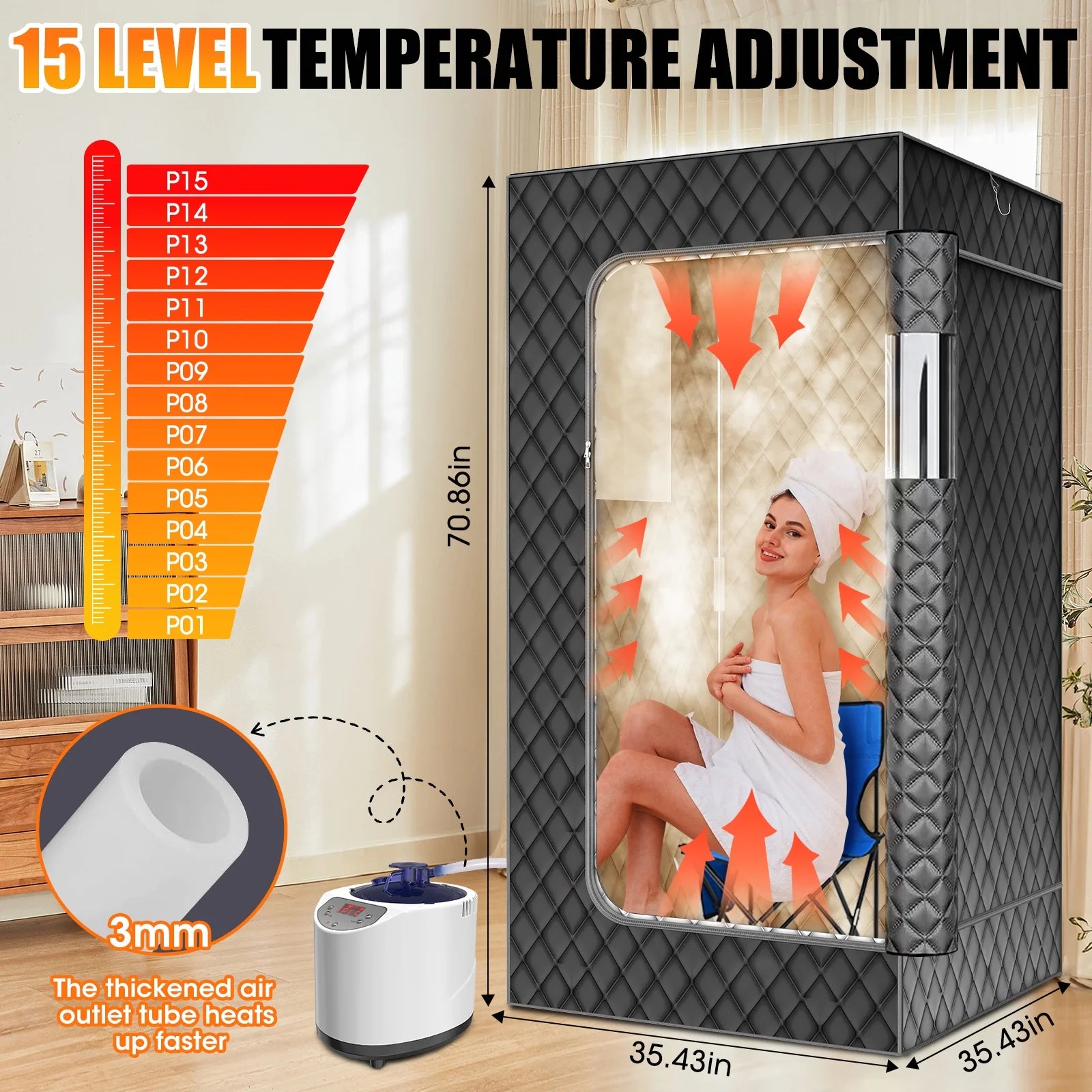 Portable Sauna Box for Home, 35.43In X 35.43In X 70.86In SPA Steam Sauna with 15 Levels Heat, Warm Sauna Tent with 3L/1200W Steamer, Folding Chair, Remote Control, Foot Massager for Body Relaxation