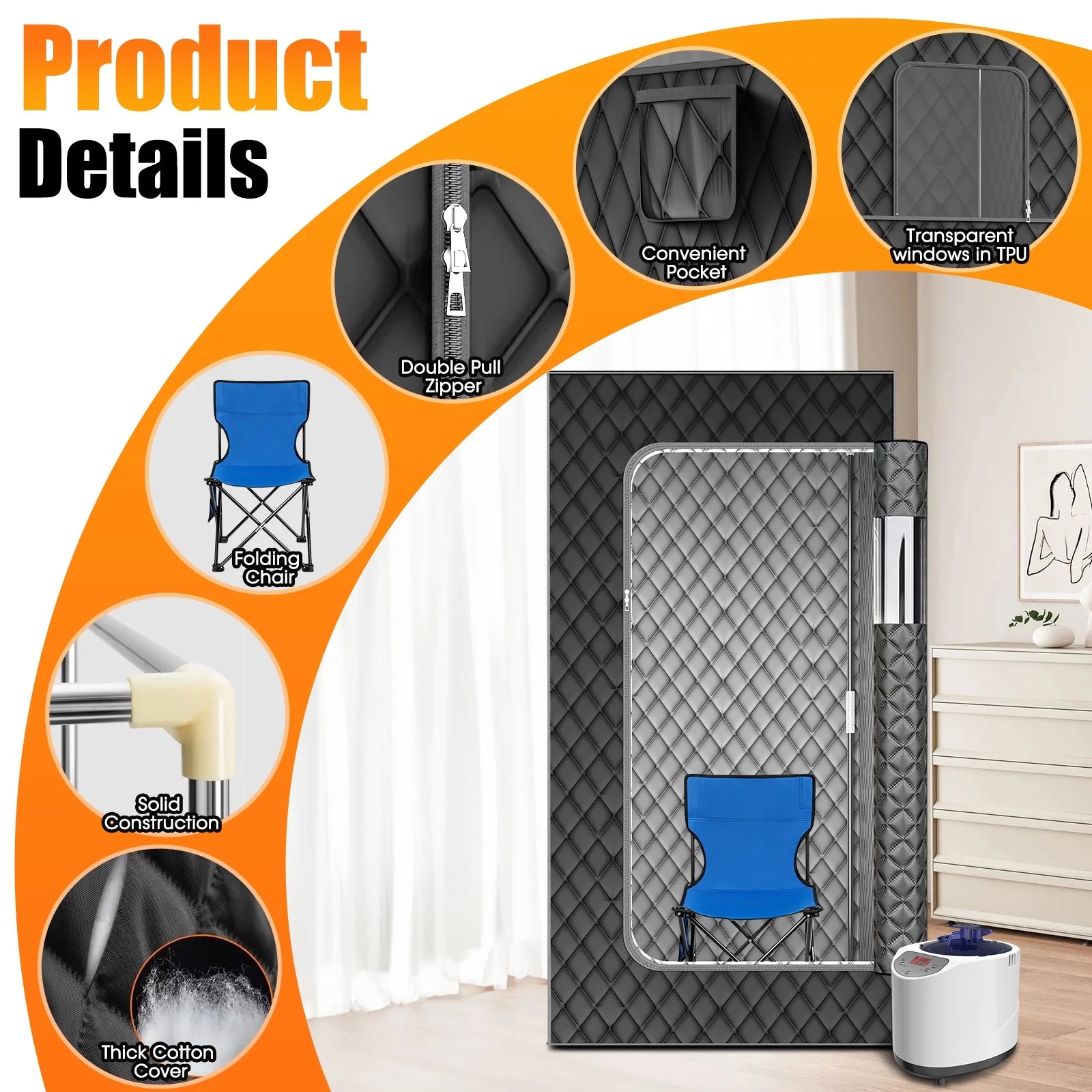 Portable Sauna Box for Home, 35.43In X 35.43In X 70.86In SPA Steam Sauna with 15 Levels Heat, Warm Sauna Tent with 3L/1200W Steamer, Folding Chair, Remote Control, Foot Massager for Body Relaxation