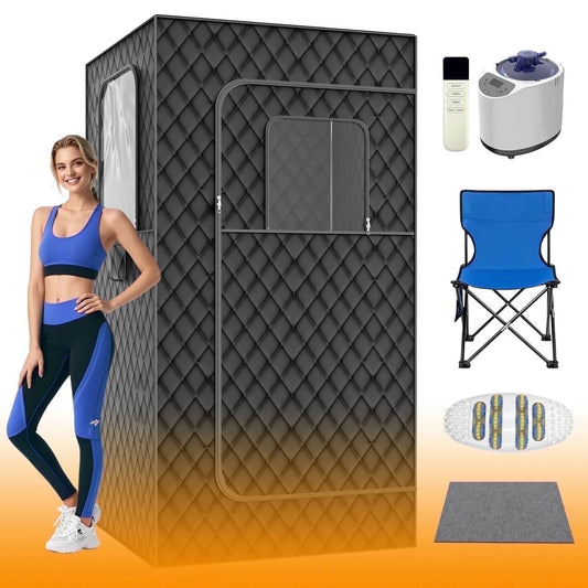 Portable Sauna Box for Home, 35.43In X 35.43In X 70.86In SPA Steam Sauna with 15 Levels Heat, Warm Sauna Tent with 3L/1200W Steamer, Folding Chair, Remote Control, Foot Massager for Body Relaxation