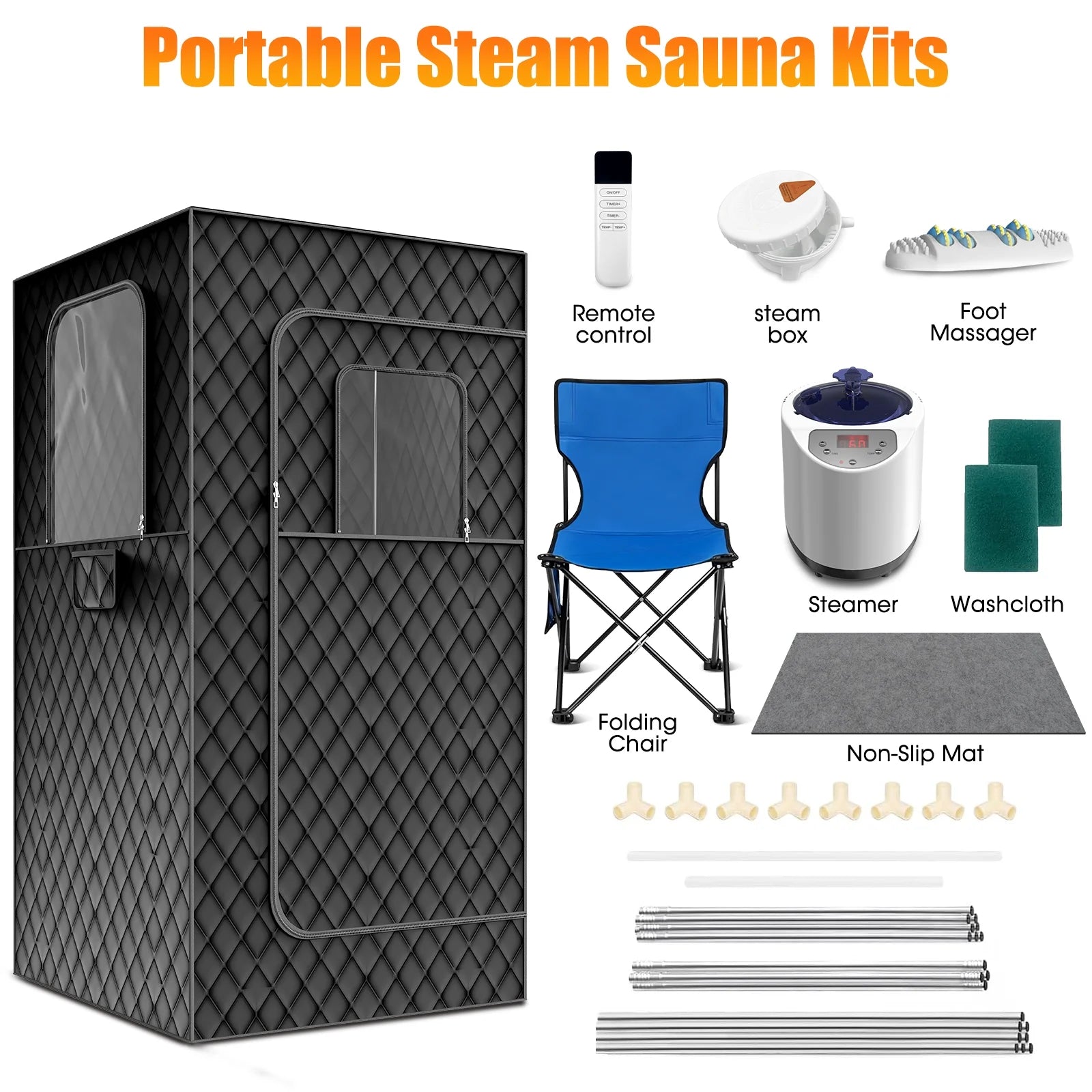 Portable Sauna Box for Home, 35.43In X 35.43In X 70.86In SPA Steam Sauna with 15 Levels Heat, Warm Sauna Tent with 3L/1200W Steamer, Folding Chair, Remote Control, Foot Massager for Body Relaxation